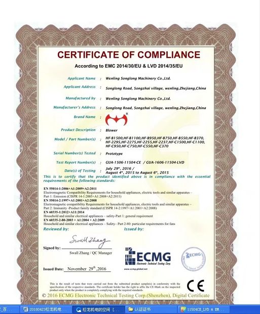 Porcellana Wenling Songlong Electromechanical Co., Ltd. Certificazioni
